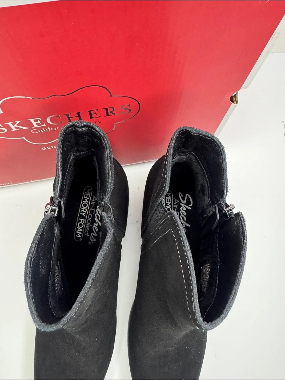 Skechers Taxi, Water Repellent Black Suede Ankle Booties with Side Zip